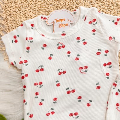  Pijama Blusa e Short Ribana com Cerejas - Off White